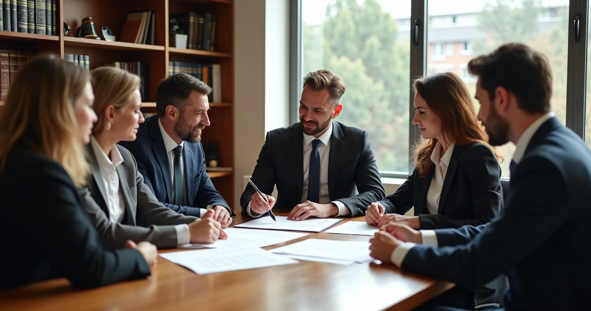 Pessoas reunidas com consultor jurídico revisando contrato 