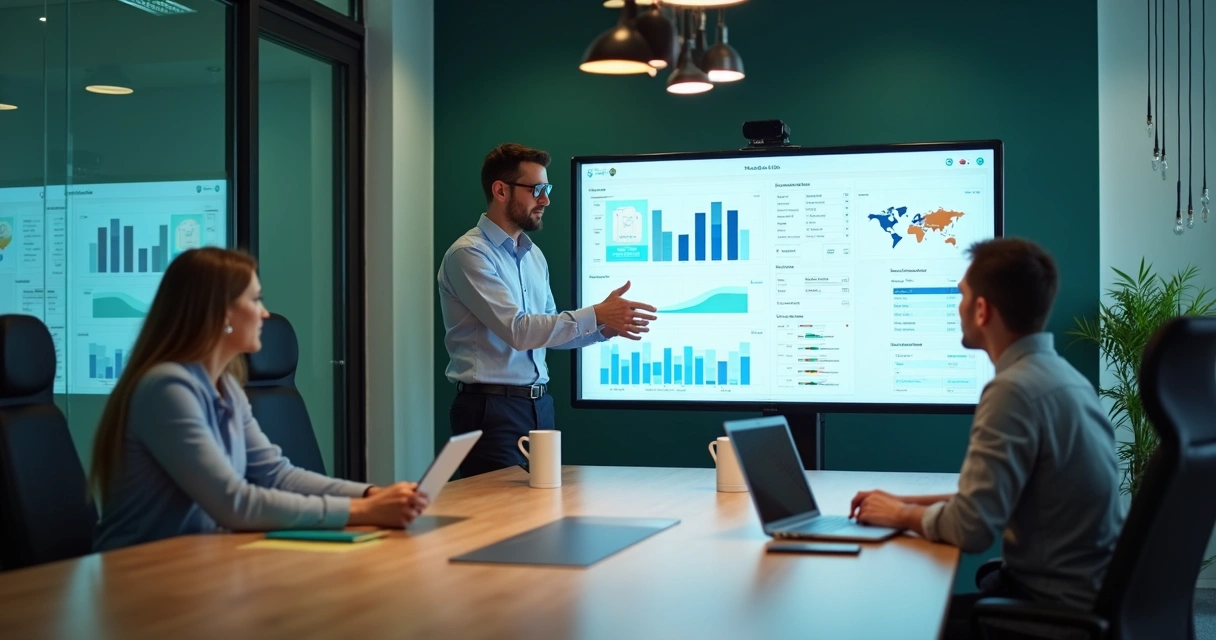 Consultor de marketing apresentando painéis digitais para cliente em reunião 