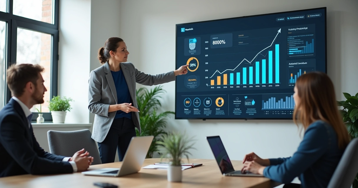 Consultor de marketing apresentando estratégias digitais para cliente em reunião 