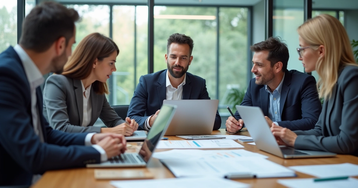 Profissionais analisando documentos em reunião de consultoria de plano de saúde 