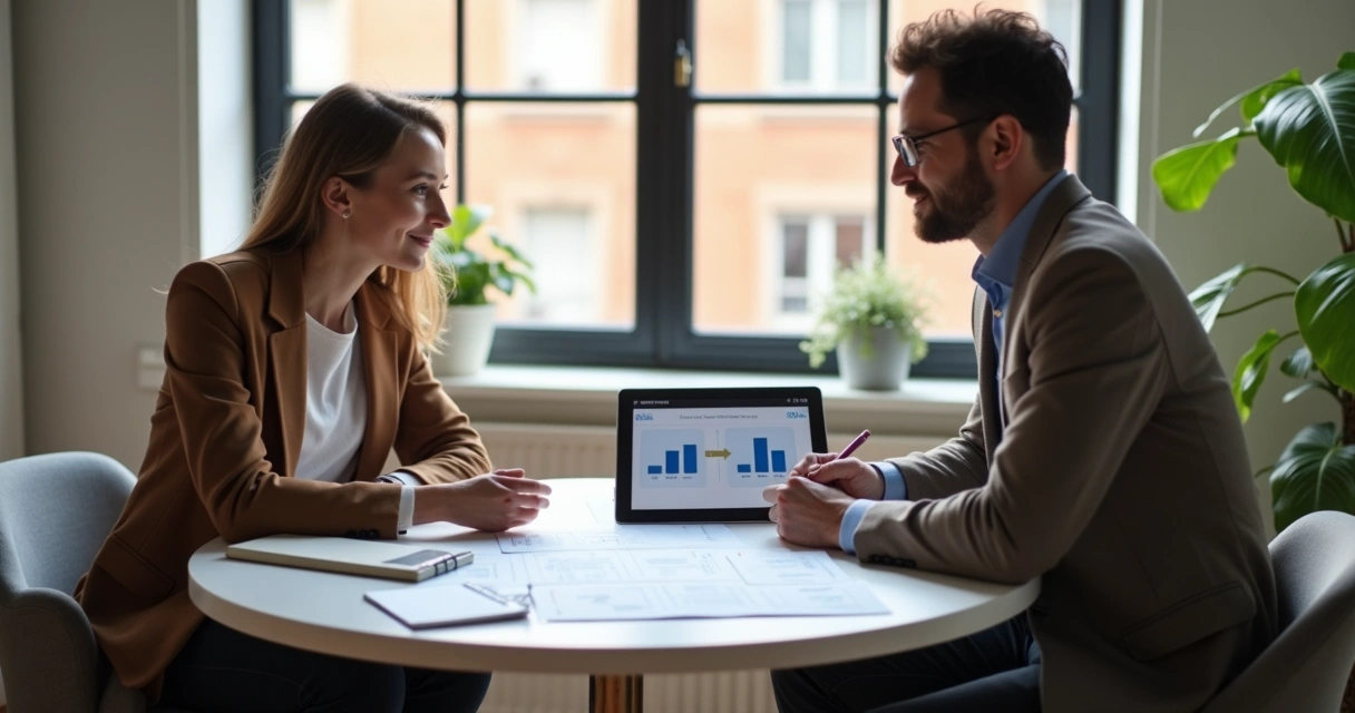 Reunião de consultoria com gráficos na mesa 