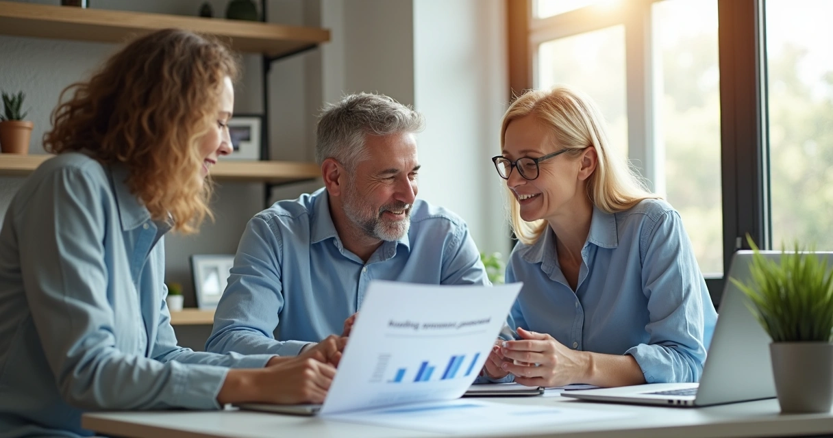 Consultor de seguros conversando com cliente em escritório, ambos analisando documentos 