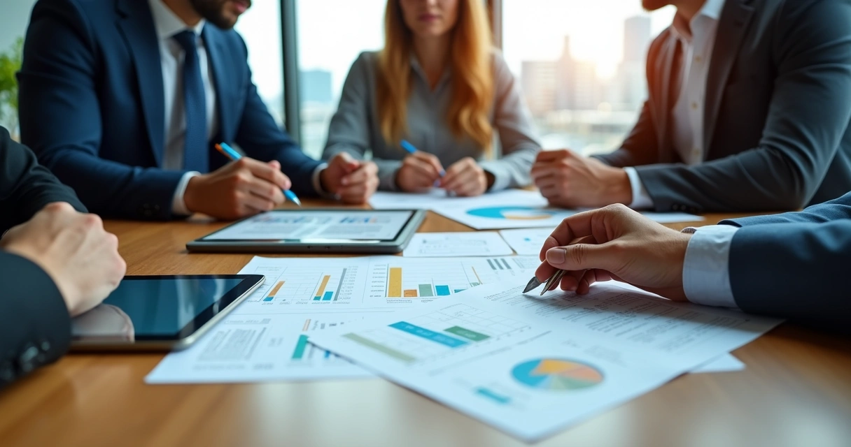 Grupo de pessoas em reunião analisando gráficos financeiros e documentos fiscais 