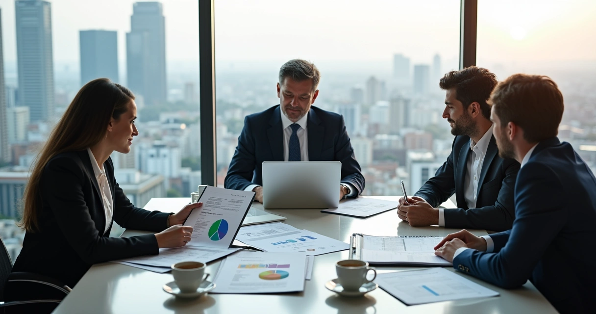 Empresários em reunião com advogado analisando documentos fiscais