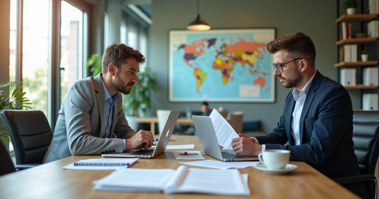 Como emitir o W-8BEN-E para empresas do Brasil nos EUA 2 Consultoria tributária entre duas pessoas analisando documentos e laptop