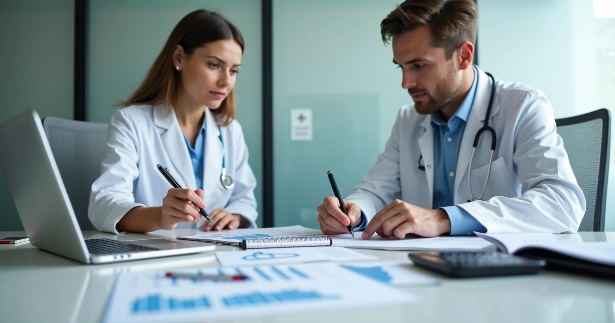 Reunião contábil em pequena clínica médica 