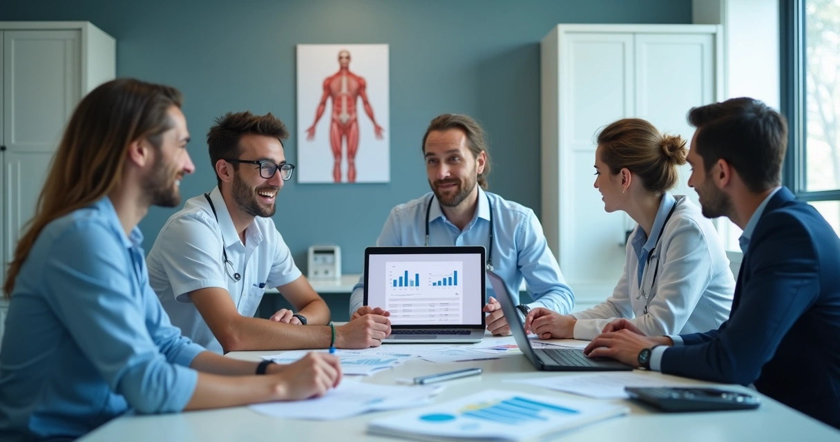 Equipe analisando relatórios financeiros em clínica 
