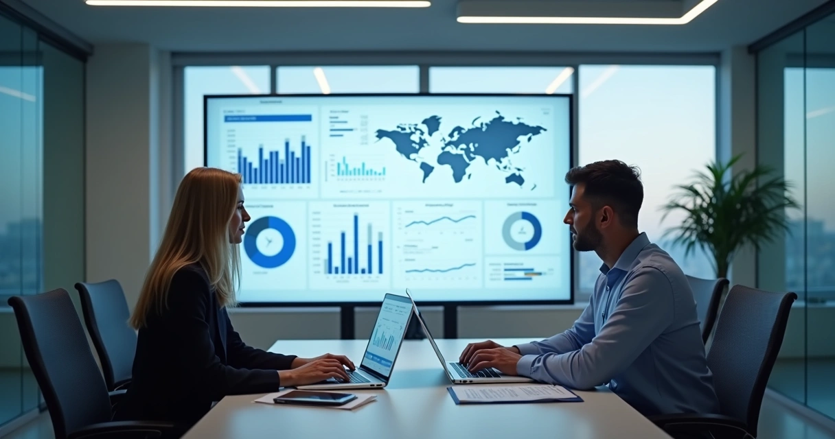 Reunião com gráficos contábeis em tela digital 