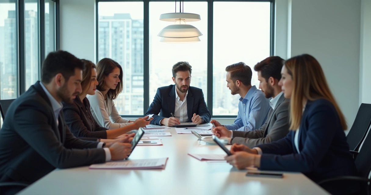 Equipe contábil analisando documentos digitais em sala moderna