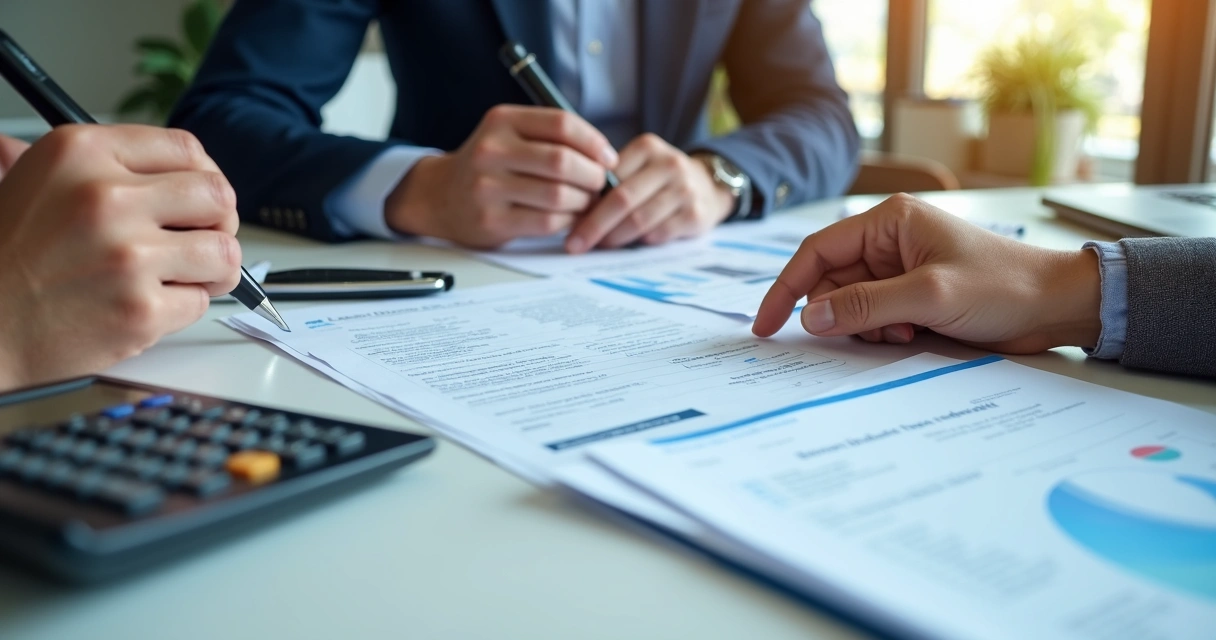 Contador e empresário revisando atividades econômicas e tributos em mesa de reunião