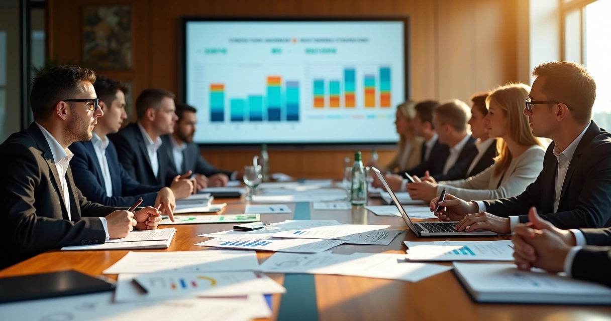 Profissionais contábeis discutindo reforma tributária numa sala de reuniões com documentos e gráficos 
