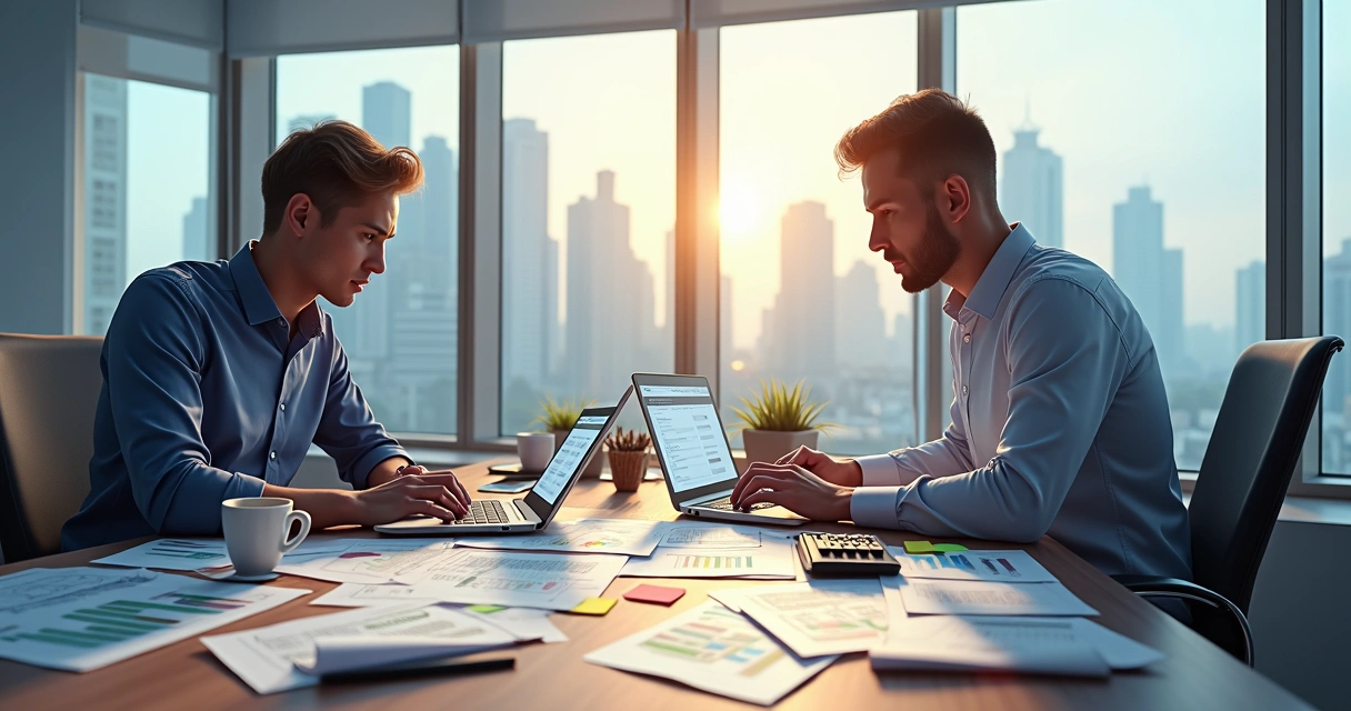 Profissionais de contabilidade analisando documentos fiscais em uma reunião 