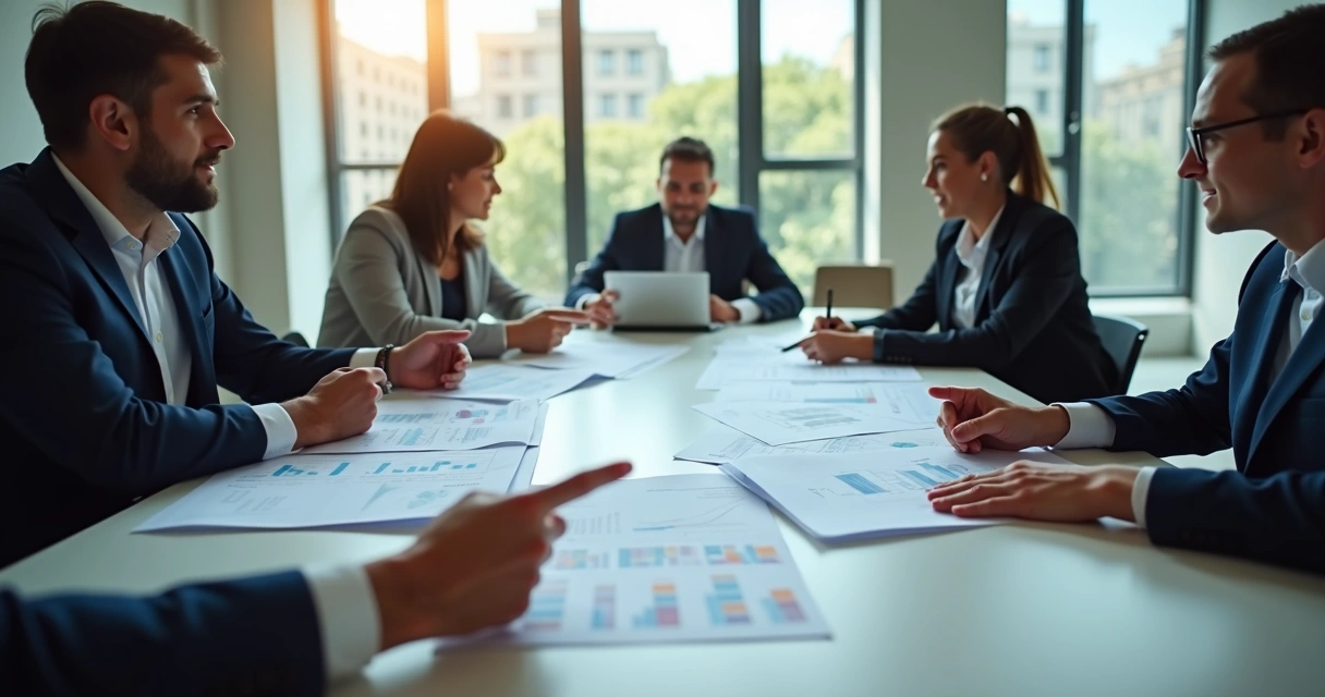 Equipe revisando dados fiscais em reunião empresarial