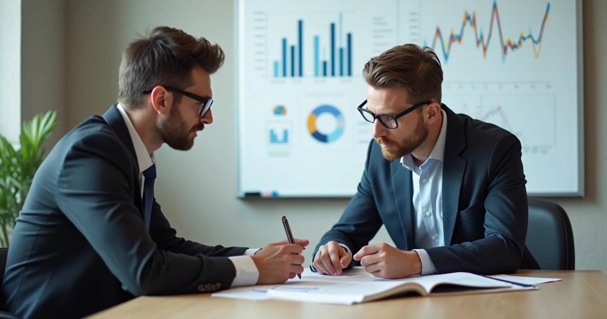 Advogado e contador discutindo documentos com quadro branco ao fundo 