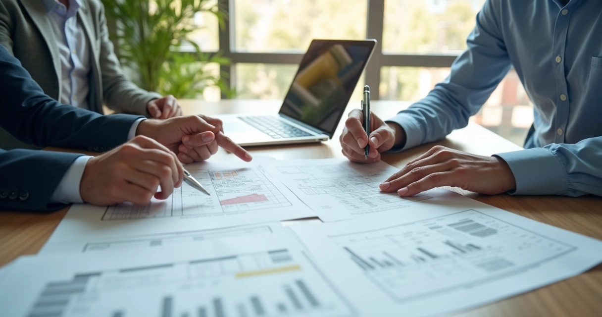 Reunião entre contador e arquiteto com projetos e planilhas 