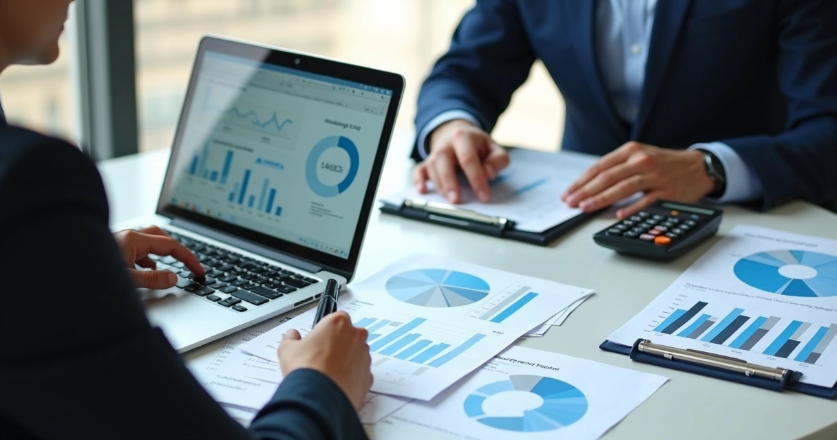 Reunião entre contador e cliente com gráficos financeiros na mesa