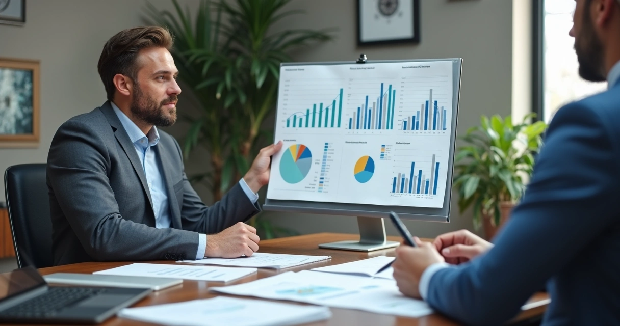 Contador em reunião estratégica com cliente mostrando gráficos 