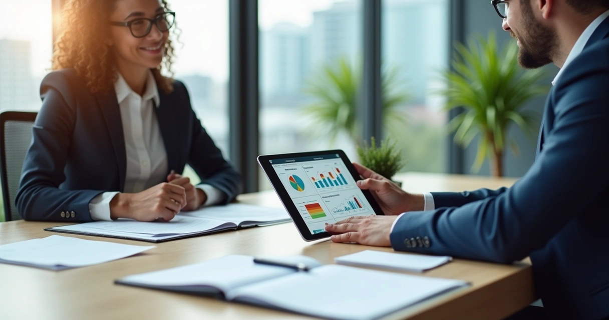 Contador e cliente analisando relatórios digitais em tablet sobre uma mesa 