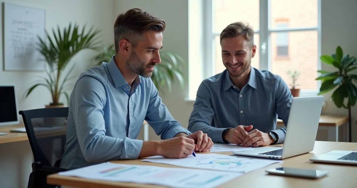 Contador e cliente conversando sobre portfólio de serviços em uma mesa. 