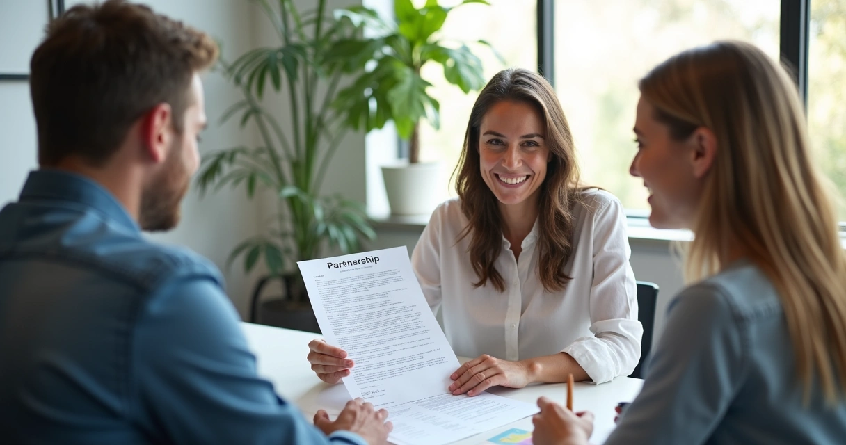 Contador apresentando proposta de parceria em reunião de negócios.