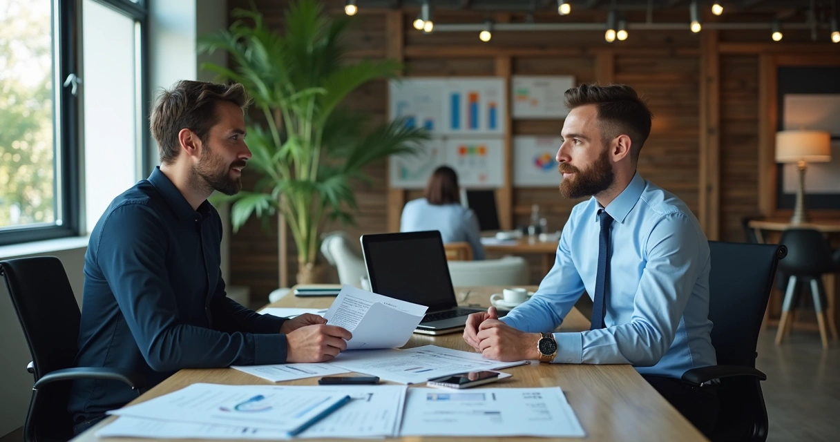 Reunião de profissional de academia com contador para organizar notas fiscais 