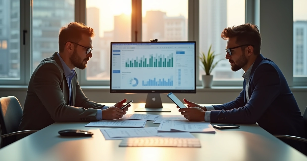 Contador e empreendedor de tecnologia discutindo documentos em escritório moderno