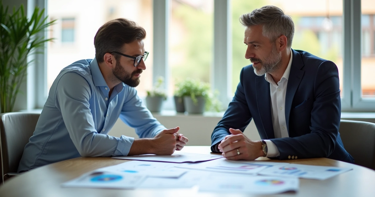 Reunião entre contador e empresário discutindo estratégia fiscal 