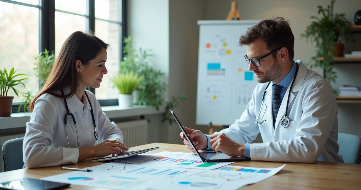 Reunião entre contador e médico analisando gráficos fiscais 