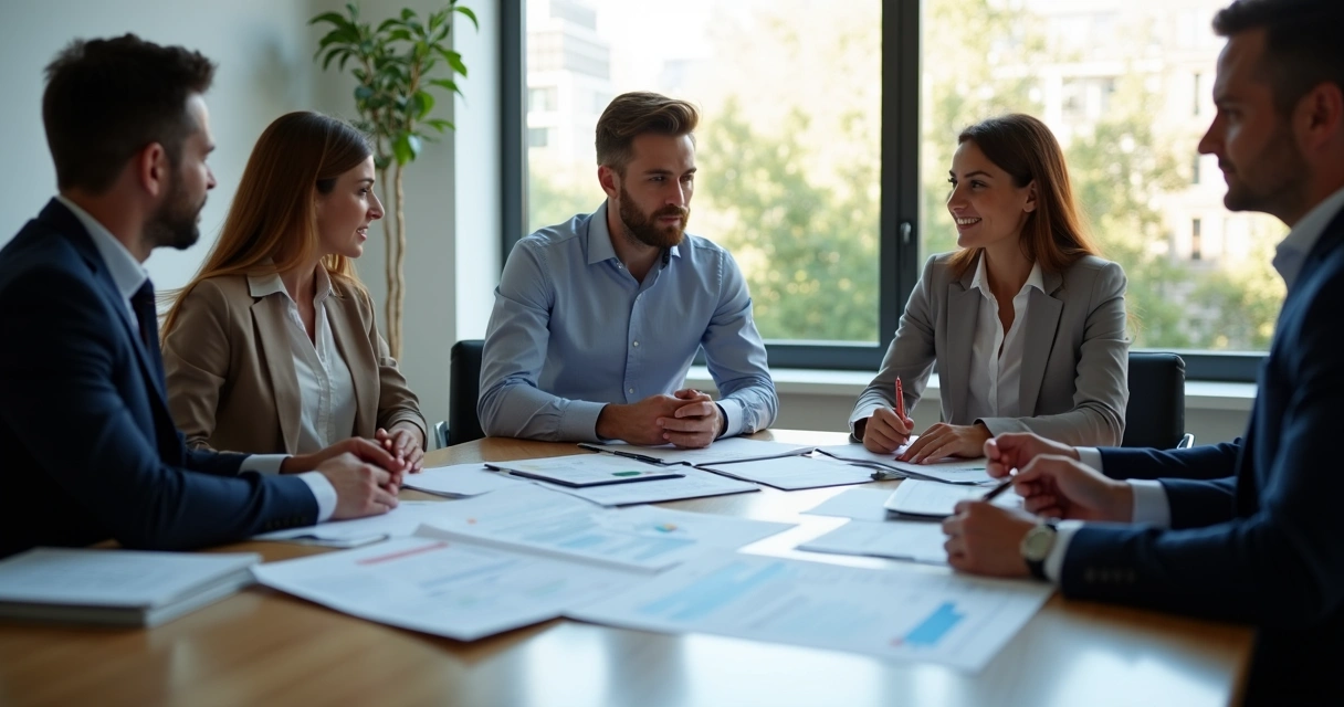 Contador orientando equipe empresarial em uma reunião com gráficos e contratos sobre a mesa 