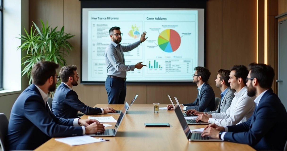 Sala de reunião com contadores analisando gráficos sobre tributos em um notebook 