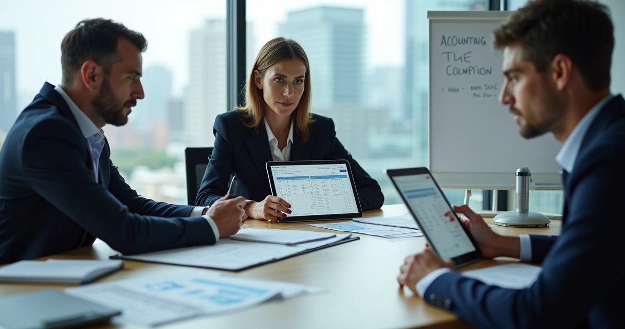 Profissionais de contabilidade reunidos em mesa discutindo documentos fiscais 