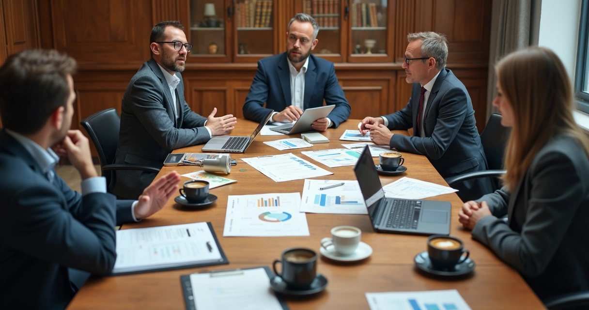 Reunião entre vários contadores e empreendedores com documentos financeiros