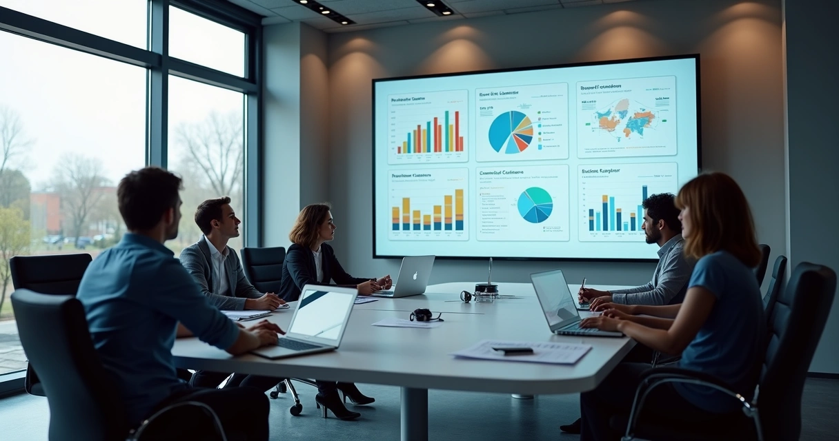 Contadores analisando relatórios digitais em reunião