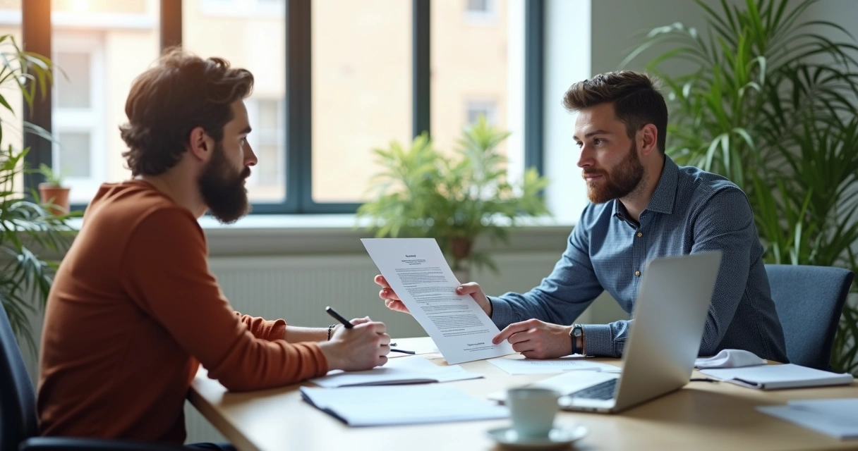 Reunião presencial entre gestor de agência e cliente discutindo contrato