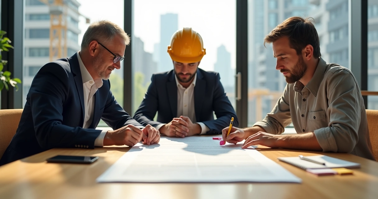 Reunião em escritório analisando contrato com empreiteiro autônomo 