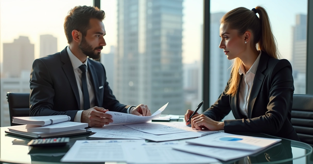Duas pessoas revisando um contrato de compra de imóvel sobre uma mesa com notas fiscais e calculadora 