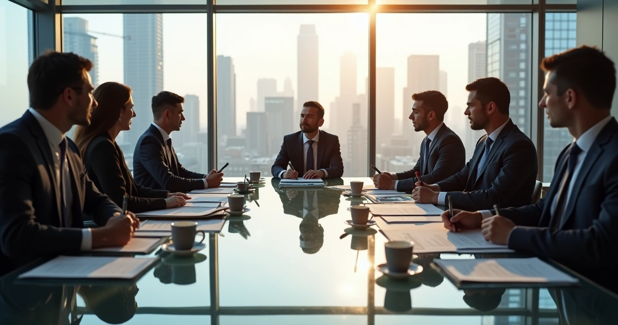 Reunião profissional com documentos legais e contratos de incorporação imobiliária sobre a mesa 