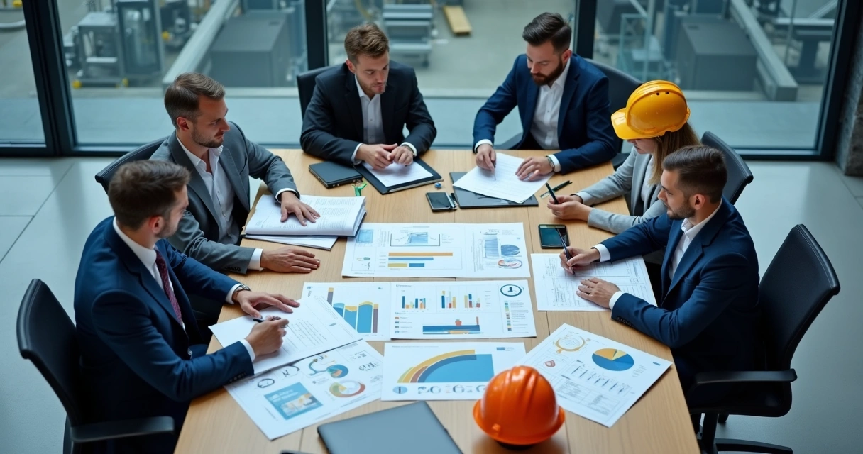 Reunião técnica sobre contrato de manutenção industrial em mesa com plantas e indicadores 