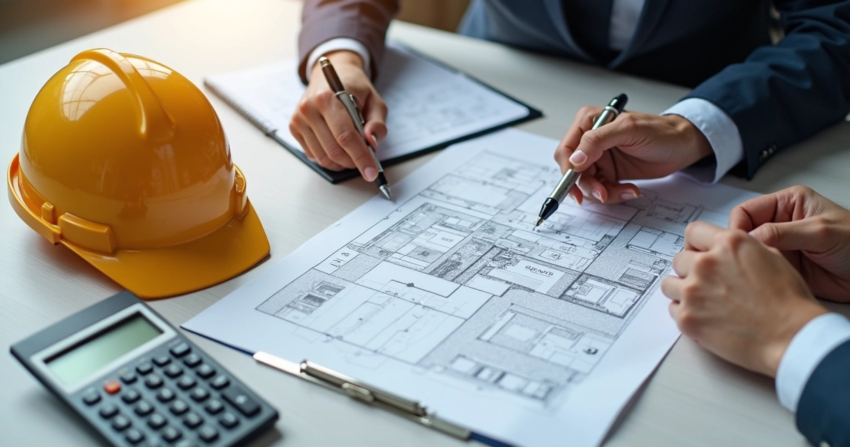 Reunião com contrato e planta de obra na mesa