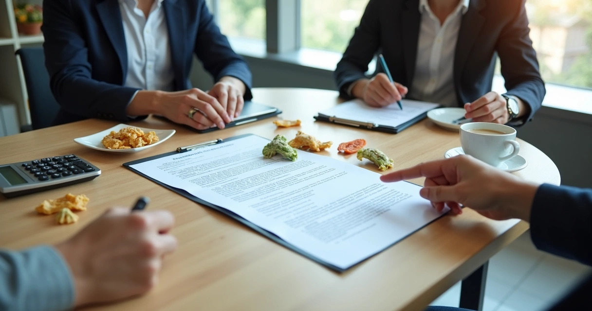 Reunião com contrato e catálogo de snacks na mesa 