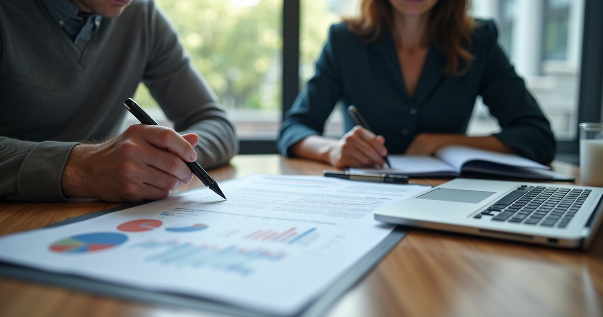 Duas pessoas revisando contrato em mesa de escritório com notebook e tablet 