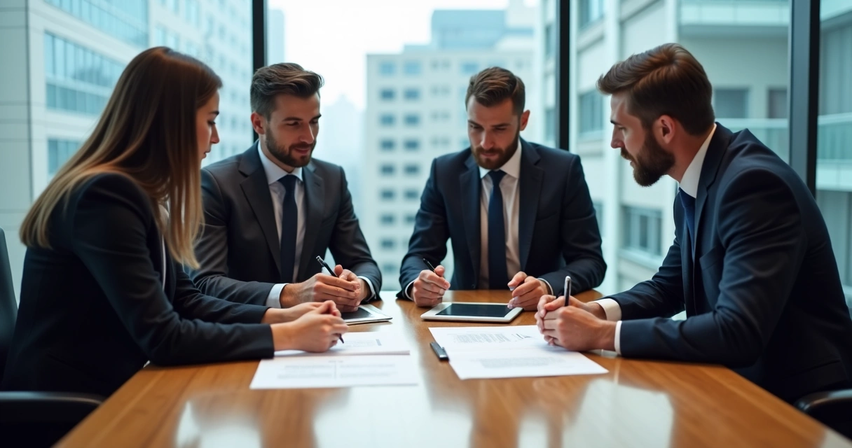 Reunião de negócios com pessoas discutindo proposta em mesa