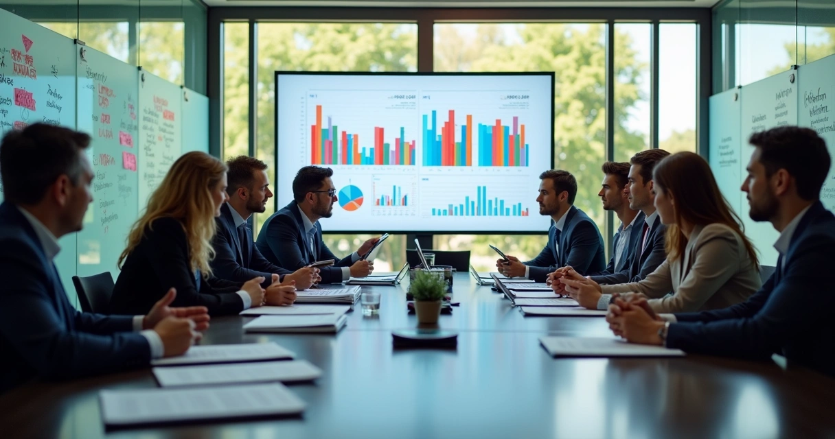 Equipe reunida analisando relatório financeiro 