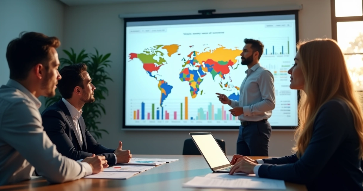 Equipe empresarial analisando relatórios financeiros e debatendo receitas 