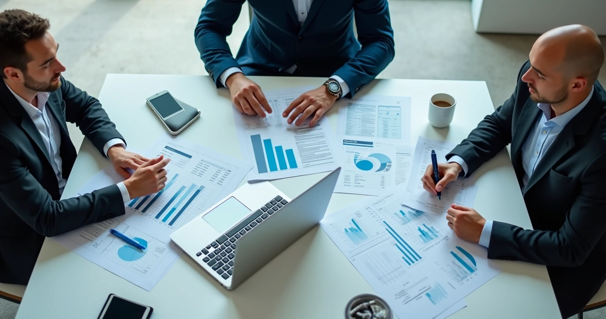 Equipe em reunião analisando fluxo de caixa e despesas 