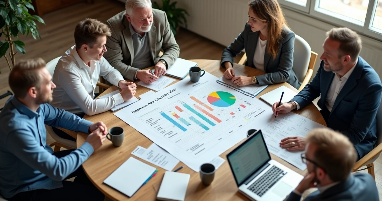 Empresários reunidos em mesa redonda analisando fluxo de caixa.