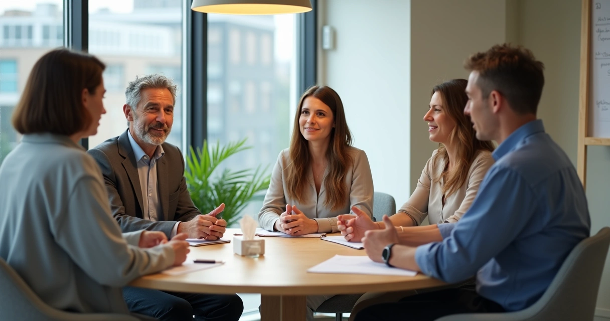 Equipe diversa em reunião privada tendo conversa sensível no trabalho 