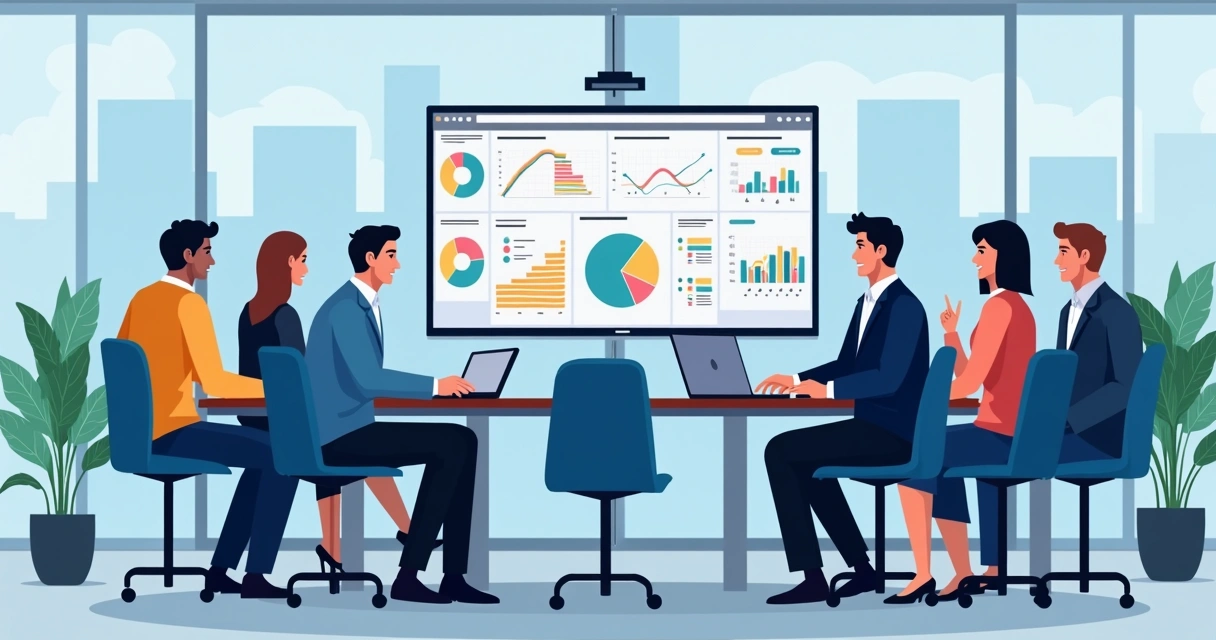 Equipe de vários setores discutindo implementação do Copilot em sala corporativa com telas digitais