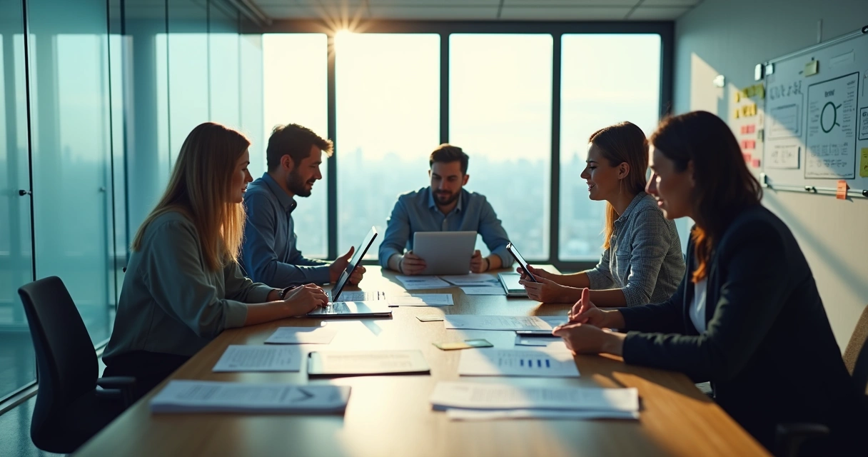 Mesa de reunião entre executivos de empresa e startup 