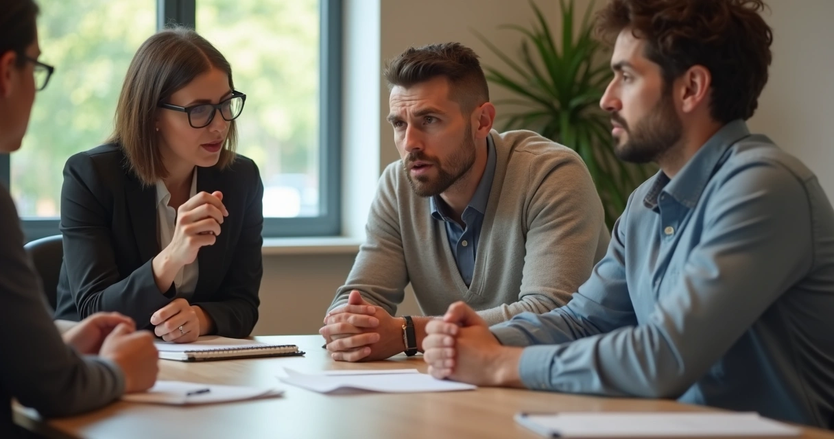Colegas em uma reunião de trabalho com uma pessoa visivelmente ansiosa segurando as mãos debaixo da mesa 